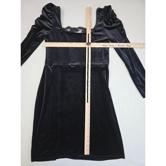 Black Velvet Puff Long Sleeve Goth Square Scoop Neck Lace Trim Dress XL - Picture 4 of 4